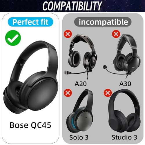 QKIIP Replacement Ear Pads for Bose QuietComfort 45 (QC45) / QuietComfort SE (QC SE) / Quiet Comfort Wireless Over-Ear Headphones, Softer Protein Leather Earpads Cushions Kit (Black) - Image 4