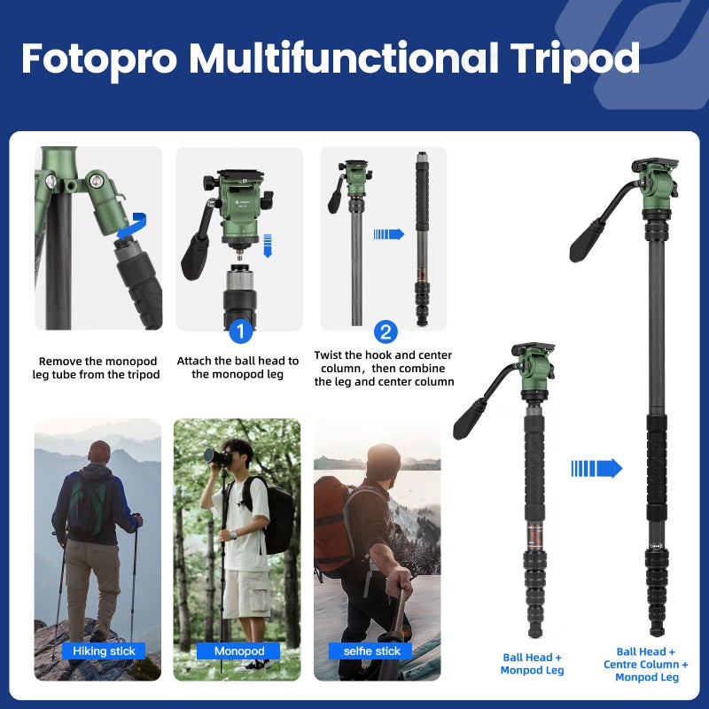 Fotopro 62" Carbon Fiber Travel Tripod, Lightweight Compact Camera Tripod with Metal Ball Head, Detachable Monopod with Arca-swiss Quick Release Plate and Bag, Load up to 8KG/17.63lbs, weighs only 2lb - Image 5