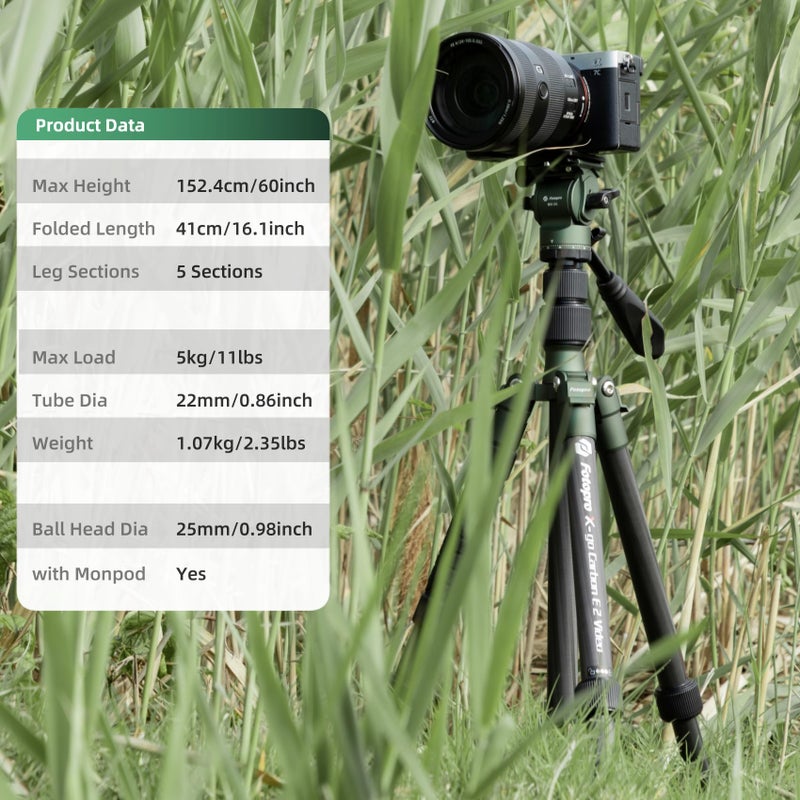 Fotopro 62" Carbon Fiber Travel Tripod, Lightweight Compact Camera Tripod with Metal Ball Head, Detachable Monopod with Arca-swiss Quick Release Plate and Bag, Load up to 8KG/17.63lbs, weighs only 2lb - Image 3