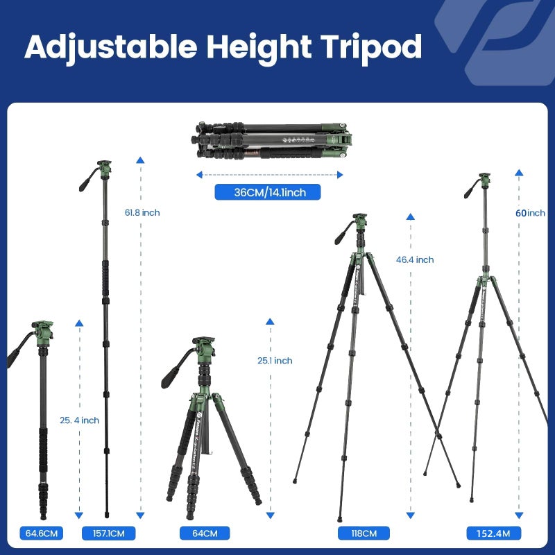 Fotopro 62" Carbon Fiber Travel Tripod, Lightweight Compact Camera Tripod with Metal Ball Head, Detachable Monopod with Arca-swiss Quick Release Plate and Bag, Load up to 8KG/17.63lbs, weighs only 2lb - Image 4