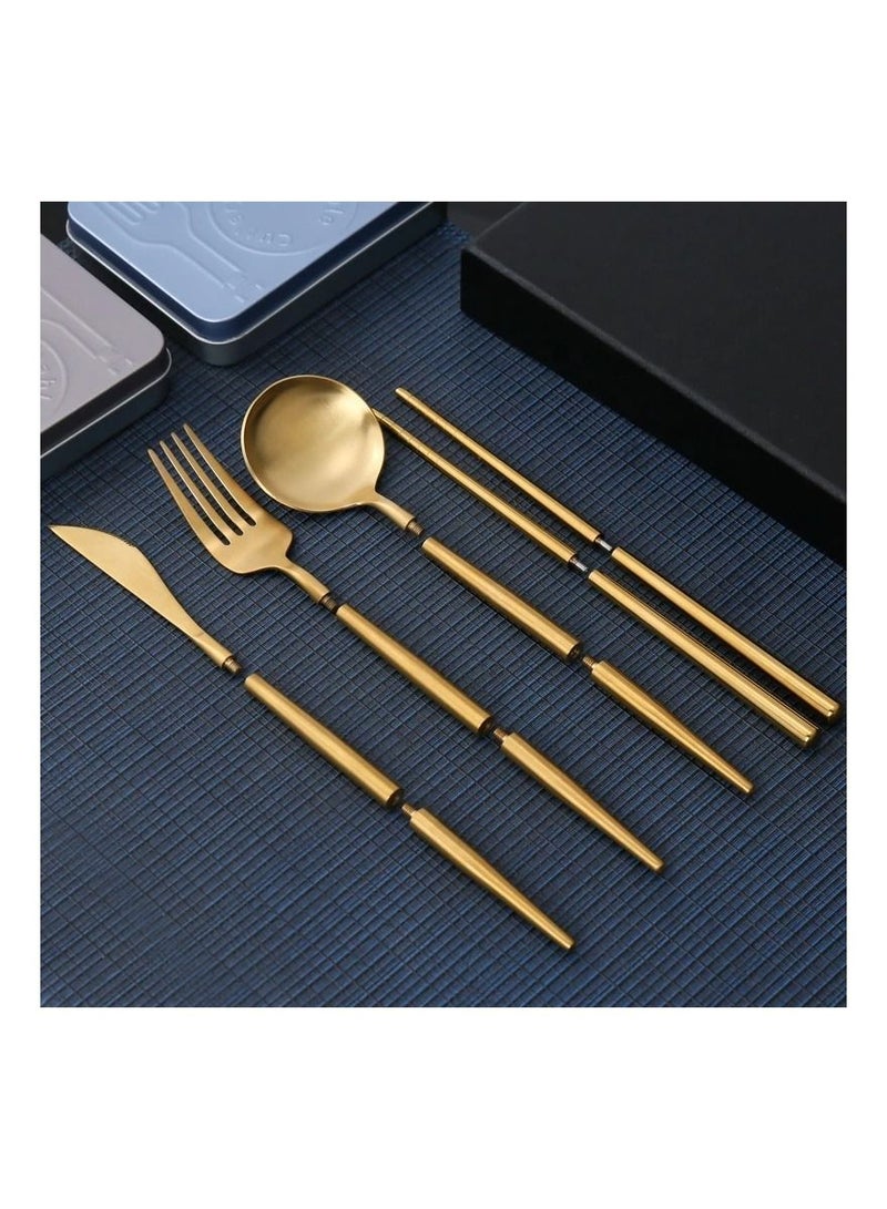 Portable Tableware Set Stainless Steel Dinnerware Removable Chopstick Knife Fork Spoon Camping Folding Travel Picnic Cutlery Set gold - Image 2