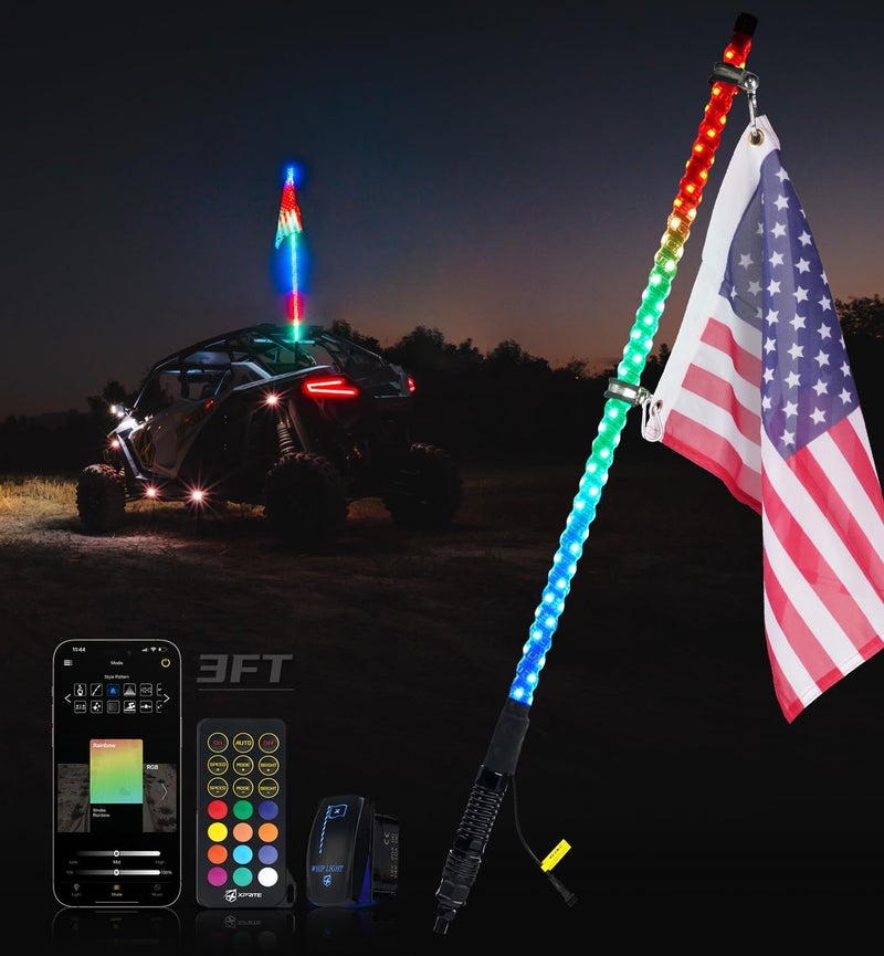 Xprite 1PC 3FT Spiral RGB LED Whip Light with Spring Base, App & Remote Control Chasing Antenna Lighted Whips, Compatible with SXS ATV UTV Polaris RZR Can-am Buggy Trucks Jeep - Image 1