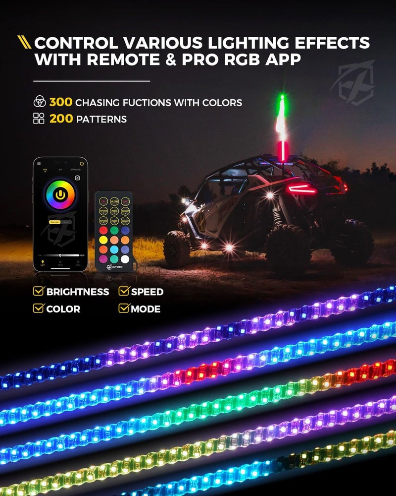 Xprite 1PC 3FT Spiral RGB LED Whip Light with Spring Base, App & Remote Control Chasing Antenna Lighted Whips, Compatible with SXS ATV UTV Polaris RZR Can-am Buggy Trucks Jeep - Image 3