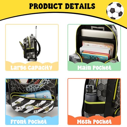 Meetbelify Kids Football Rolling Backpack with Wheels for Elementary Preschool Students Boys Travel Luggage Carry on Backpack for Boys Ages 6-8 - Image 4