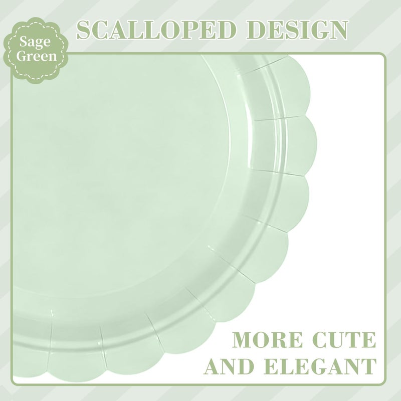 Oigco 50 Pcs Sage Green Plates and Napkins - Disposable Sage Green Scalloped Paper Plates & Napkins for Wedding Bridal Shower Birthday Baby Shower, Serves 25 - Image 3