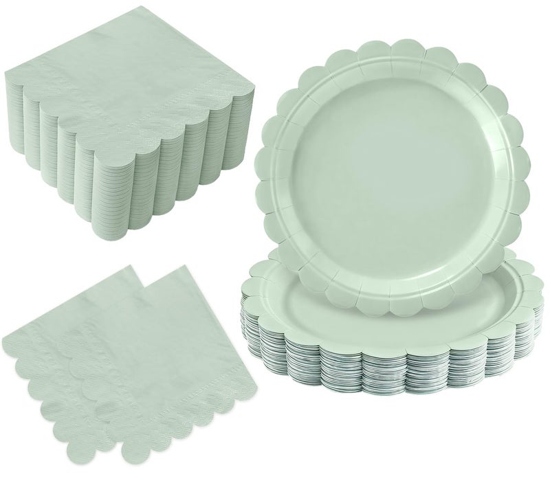 Oigco 50 Pcs Sage Green Plates and Napkins - Disposable Sage Green Scalloped Paper Plates & Napkins for Wedding Bridal Shower Birthday Baby Shower, Serves 25 - Image 1