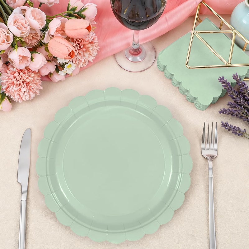 Oigco 50 Pcs Sage Green Plates and Napkins - Disposable Sage Green Scalloped Paper Plates & Napkins for Wedding Bridal Shower Birthday Baby Shower, Serves 25 - Image 4