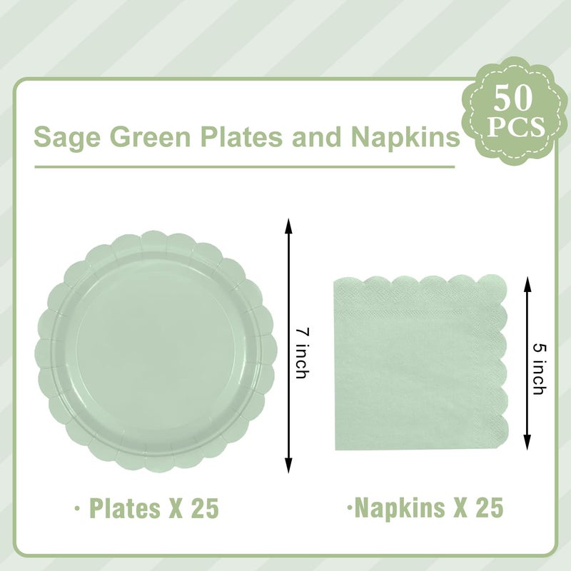 Oigco 50 Pcs Sage Green Plates and Napkins - Disposable Sage Green Scalloped Paper Plates & Napkins for Wedding Bridal Shower Birthday Baby Shower, Serves 25 - Image 2