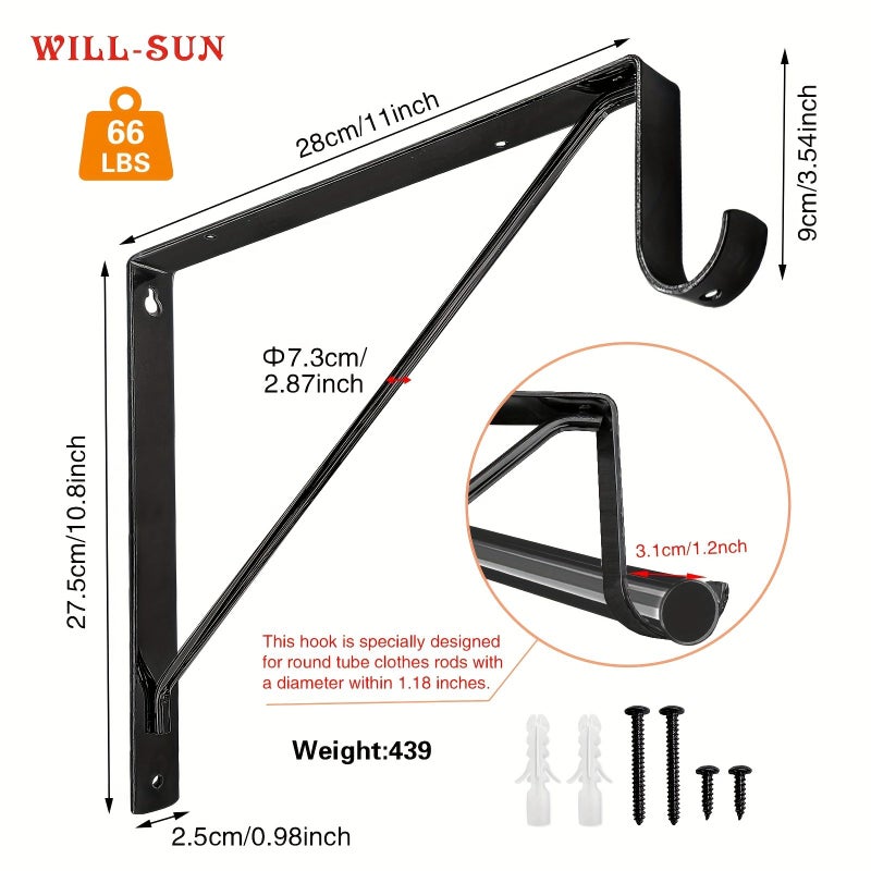 1pc Heavy Duty Wall Mounted Metal Wardrobe Bracket with Rod Black - Image 3
