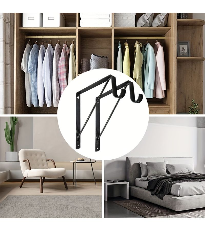 1pc Heavy Duty Wall Mounted Metal Wardrobe Bracket with Rod Black - Image 4