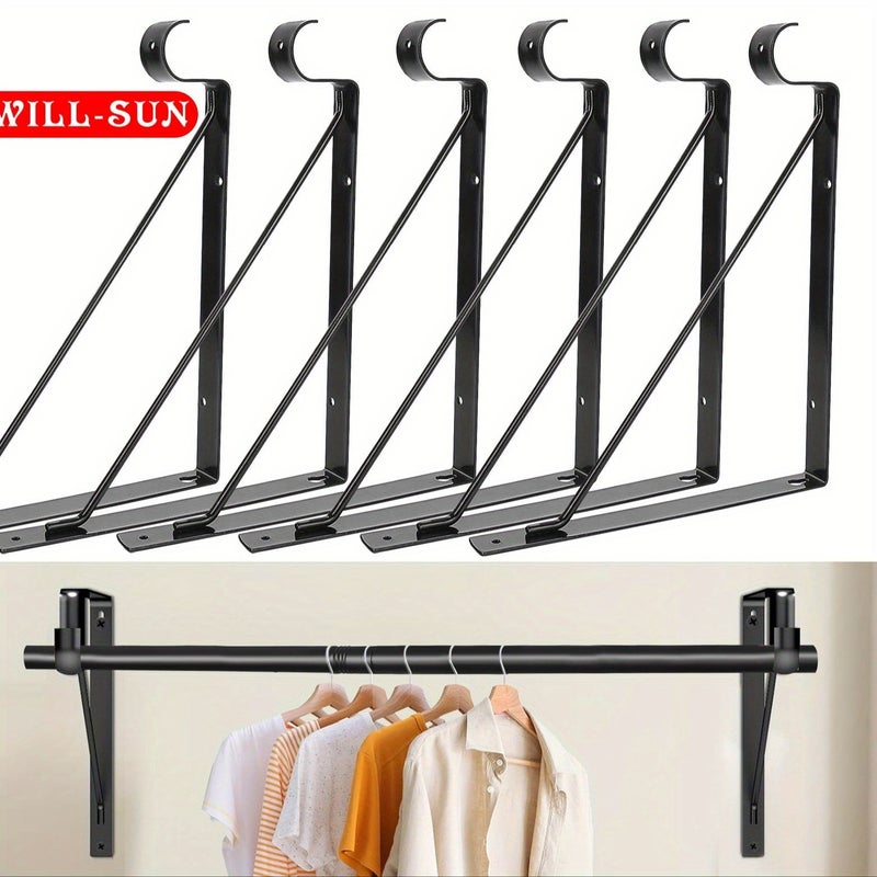 1pc Heavy Duty Wall Mounted Metal Wardrobe Bracket with Rod Black - Image 1