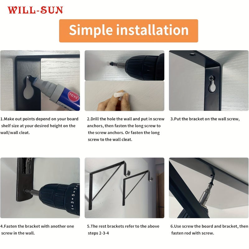 1pc Heavy Duty Wall Mounted Metal Wardrobe Bracket with Rod Black - Image 5