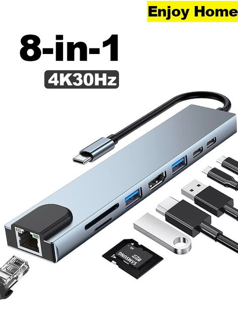 8 In 1 USB C Hub Multiports Type C Dock to HDMI Adapter With 4K HDMI SD TF Card Reader Slots 3 USB 3.0 Ports For MacBook Pro Air M3 M2 M1 iPad Pro M4 iPhone 16 15 Pro Max Galaxy S24 S23 Ultra | Silver