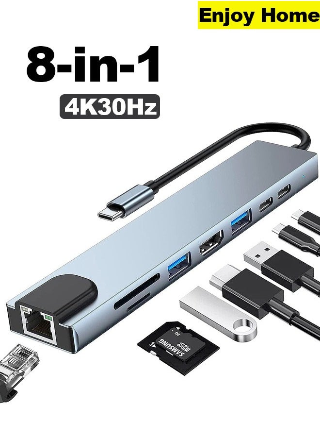 Generic - 8 In 1 USB C Hub Multiports Type C Dock to HDMI Adapter With 4K HDMI SD TF Card Reader Slots 3 USB 3.0 Ports For MacBook Pro Air M3 M2 M1 iPad Pro M4 iPhone 16 15 Pro Max Galaxy S24 S23 Ultra | Silver - Image 1