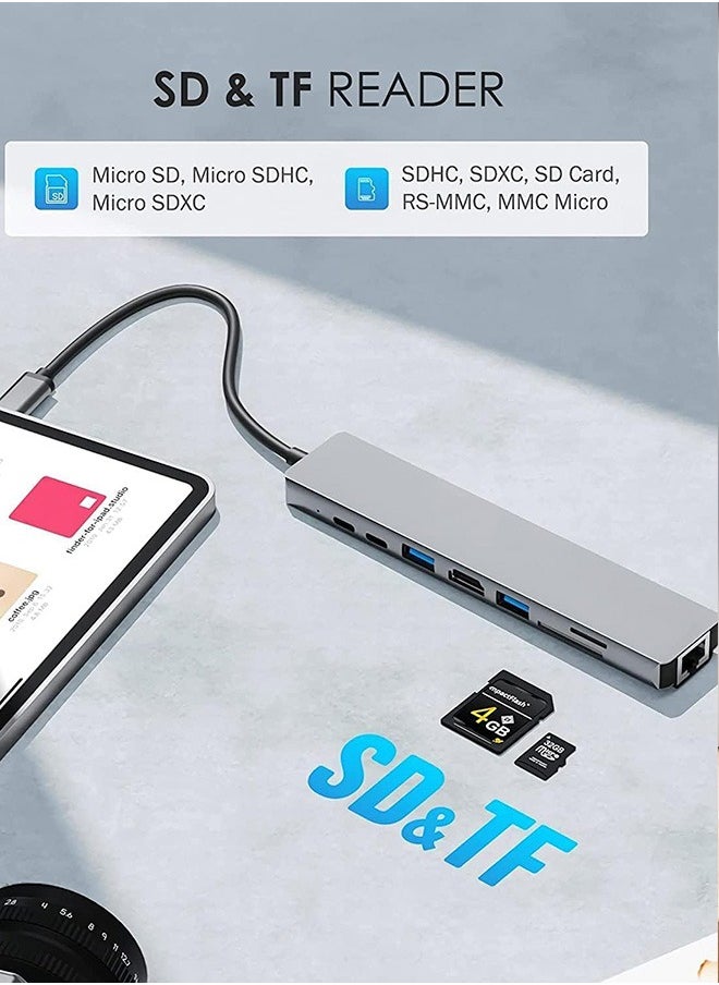 Generic - 8 In 1 USB C Hub Multiports Type C Dock to HDMI Adapter With 4K HDMI SD TF Card Reader Slots 3 USB 3.0 Ports For MacBook Pro Air M3 M2 M1 iPad Pro M4 iPhone 16 15 Pro Max Galaxy S24 S23 Ultra | Silver - Image 1
