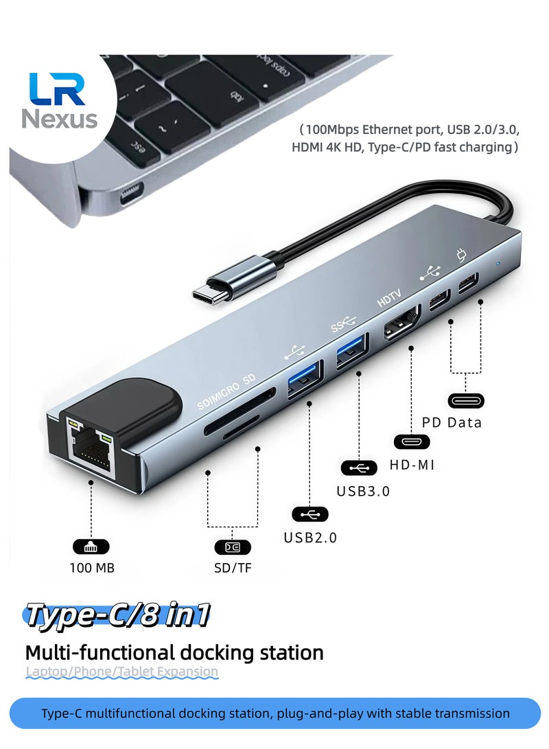LR Nexus USB C Hub,8 in 1 Type C Hub Multiport Adapter with 4K HDMI/PD Power Delivery/USB-C/Ethernet/2 USB/SD/TF Card Reader Compatible with MacBook Pro/Lenovo/Dell/HP/XPSand More Type C Devices - Image 1