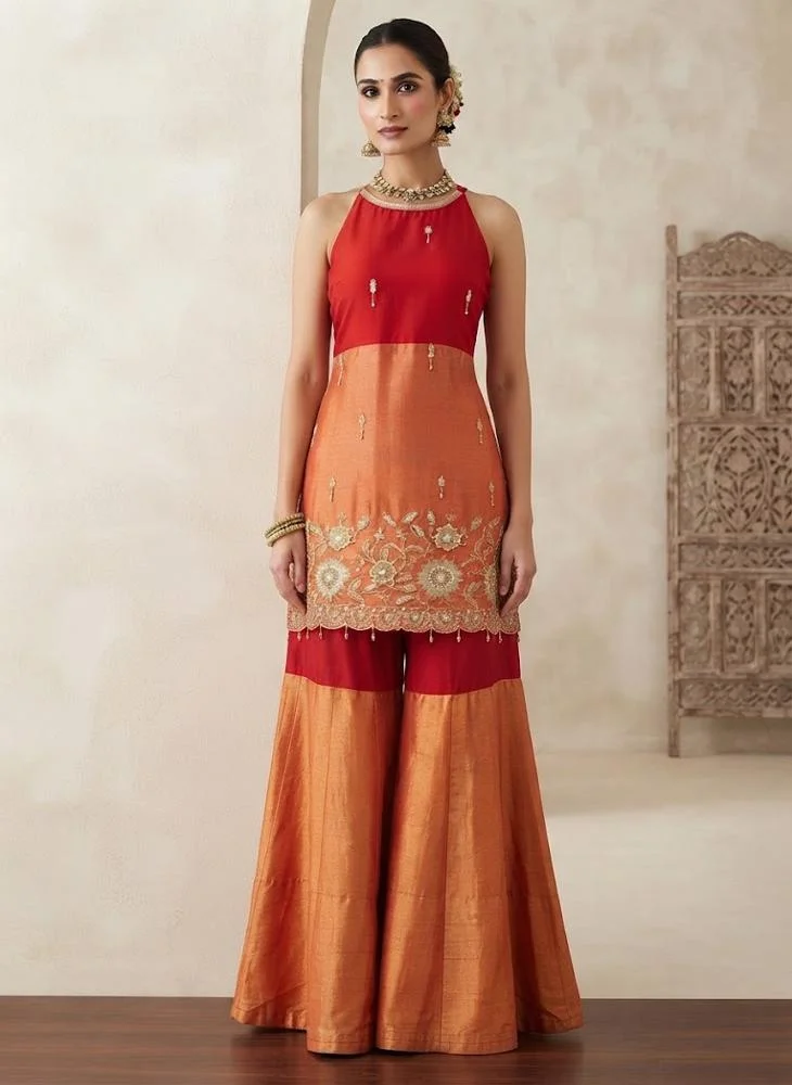 Viny VINY Red 3-Piece Colour-Block Embroidered Sharara Suit Set – Women's Indian Ethnic Wear
