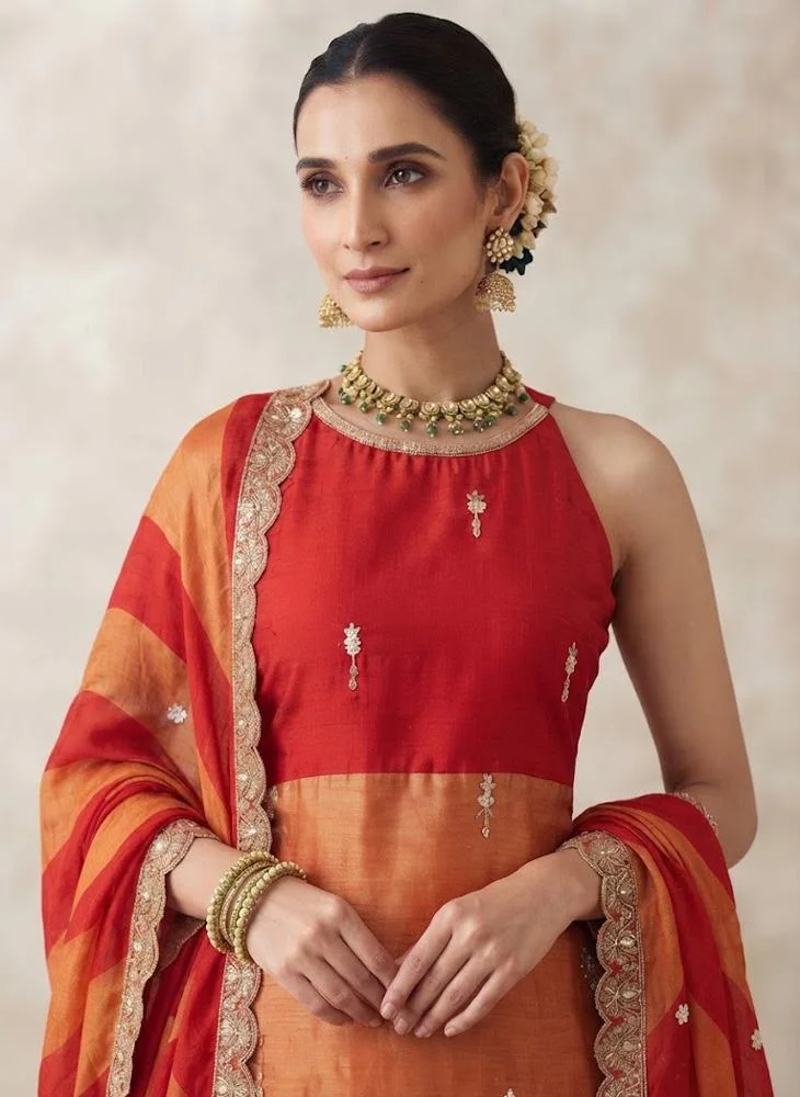 Viny  VINY Red 3-Piece Colour-Block Embroidered Sharara Suit Set – Women's Indian Ethnic Wear for Women | Best Price UAE