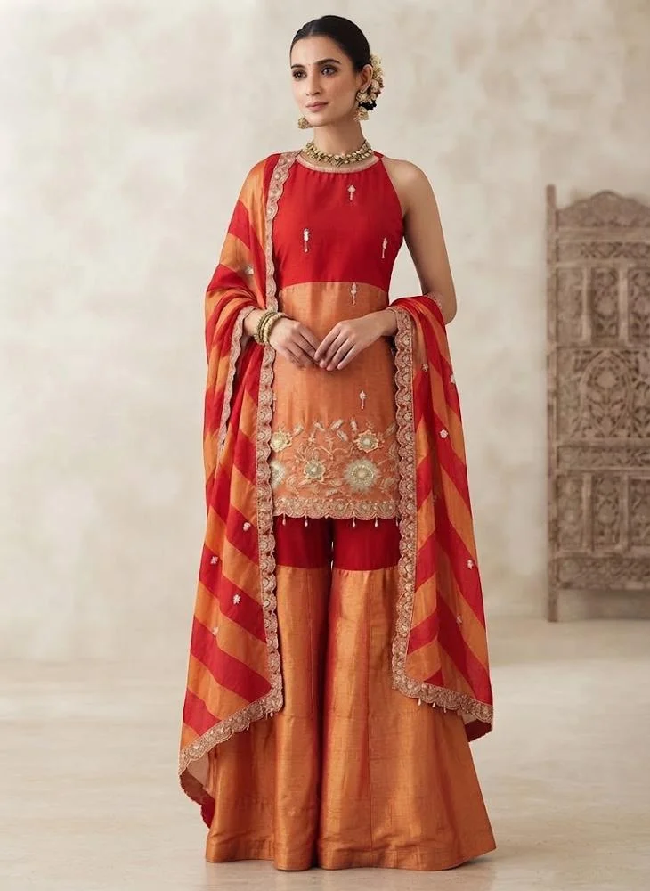 Viny VINY Red 3-Piece Colour-Block Embroidered Sharara Suit Set – Women's Indian Ethnic Wear