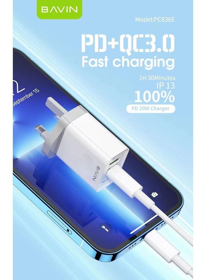 Bavin 20W USB-C PD Fast Charger, Dual Port Type-C QC 3.0 Wall Adapter UK Plug - Image 1