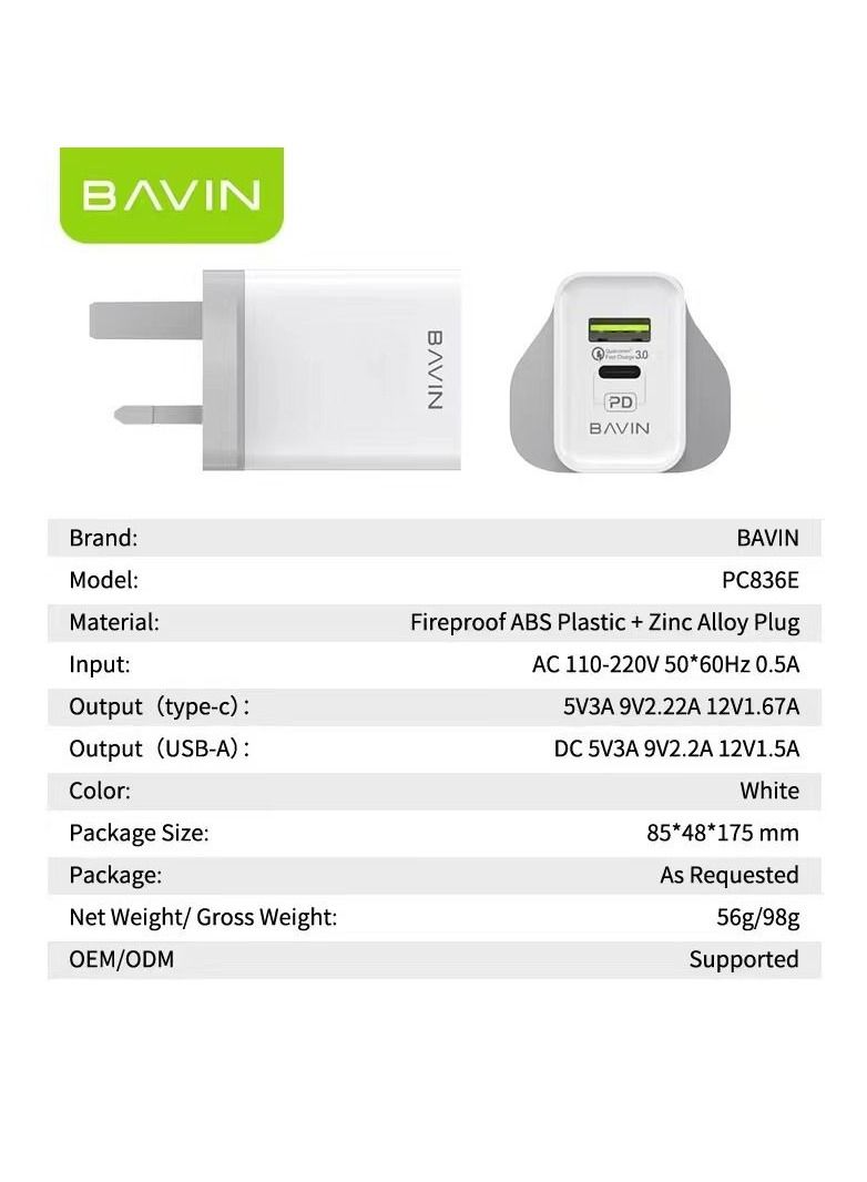 Bavin 20W USB-C PD Fast Charger, Dual Port Type-C QC 3.0 Wall Adapter UK Plug - Image 5