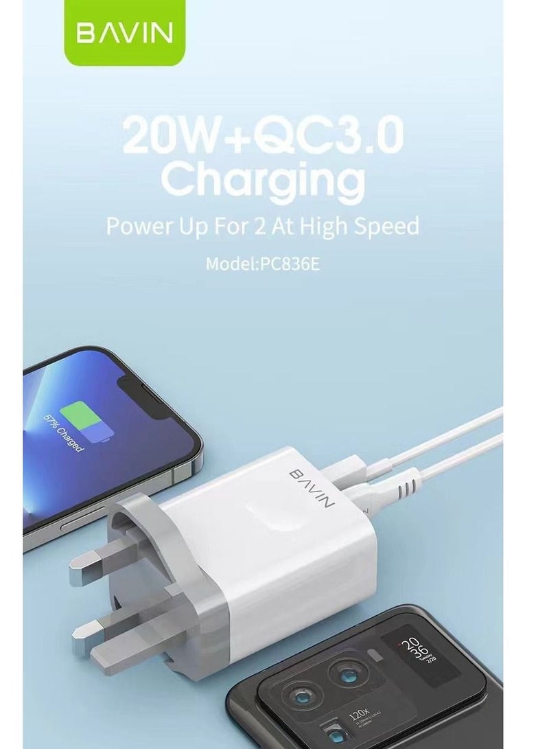 Bavin 20W USB-C PD Fast Charger, Dual Port Type-C QC 3.0 Wall Adapter UK Plug - Image 2