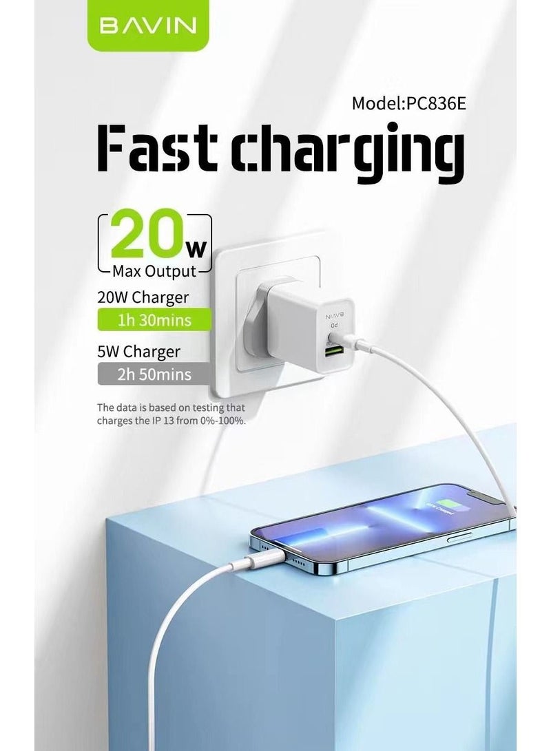 Bavin 20W USB-C PD Fast Charger, Dual Port Type-C QC 3.0 Wall Adapter UK Plug - Image 4