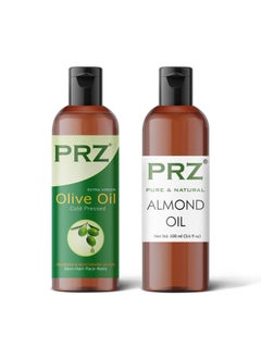 PRZ Combo Of Extra Virgin Olive Oil & Almond Oil, 100% Pure & Natural Oil For Hair And Skin (100Ml Each)  - Image 1