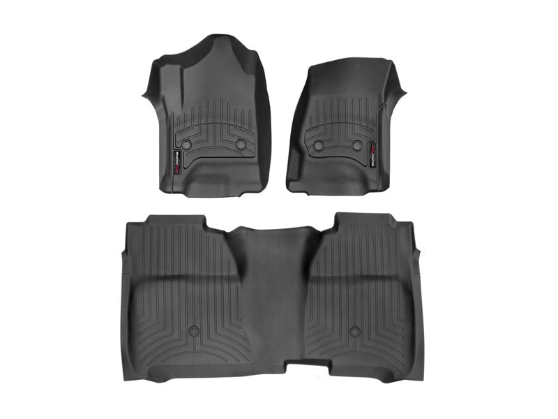 سجاد أرضي مخصص WeatherTech لسيارات سيلفرادو 1500 2500HD 3500HD سييرا 1500 2500HD 3500HD كابينة مزدوجة بسجادة الصف الأول والثاني باللون الأسود