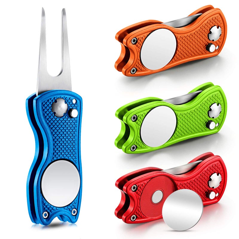 Skylety 4 Pcs Golf Divot Repair Tool Metal Foldable Golf Divot Tool with Magnetic Pop-up Button Ball Marker Stainless Steel Switchblade for Golfers Prizes(Red, Blue, Lime Green, Orange) - Image 1