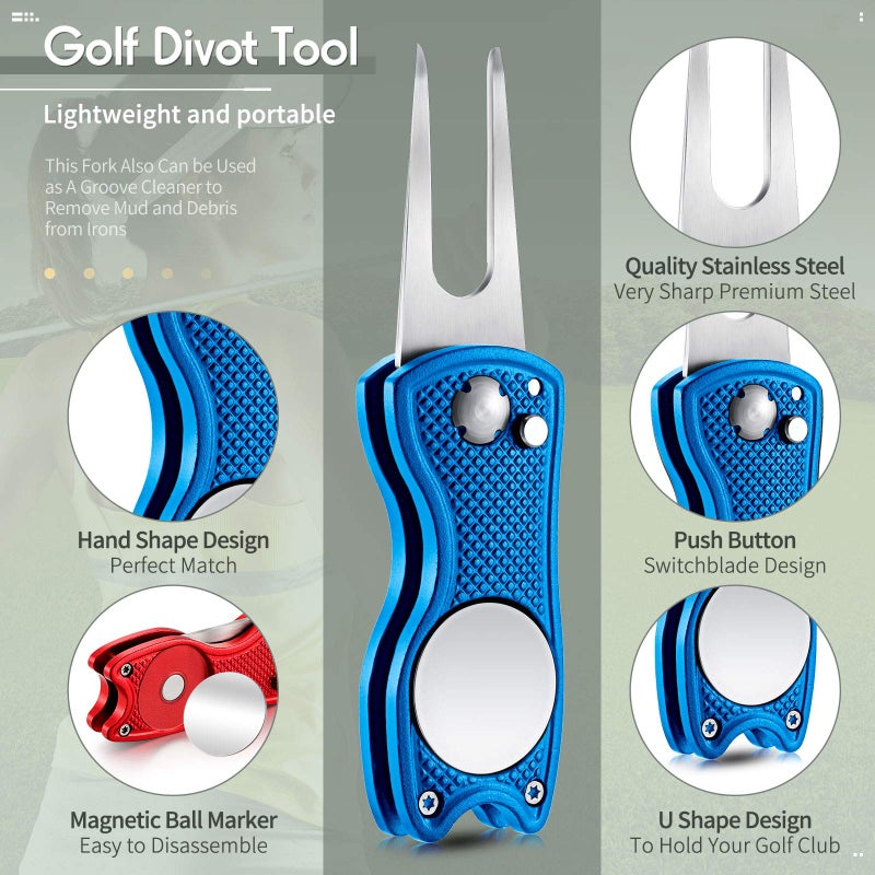 Skylety 4 Pcs Golf Divot Repair Tool Metal Foldable Golf Divot Tool with Magnetic Pop-up Button Ball Marker Stainless Steel Switchblade for Golfers Prizes(Red, Blue, Lime Green, Orange) - Image 3