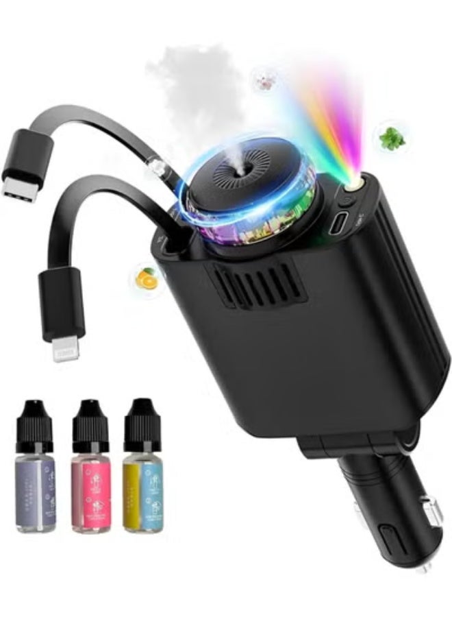 ELTRAZONE 5-in-1 Car Charger with Air Freshener & Star Light, 45W Fast Charging, Retractable USB-C & iOS Cables, Black - Image 1