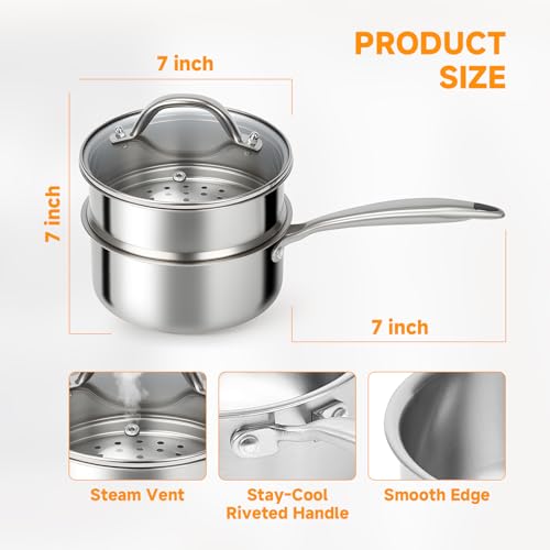 Ohtomber Stainless Steel Sauce Pan - Tri-Ply 1.5 Quarts Steamer for Cooking, Small Cooking Pot with Steamer Basket, Sauce Pan with Lid, Non Stick Saucepan, Induction Steam Pot for Vegetable, Oatmeal - Image 5