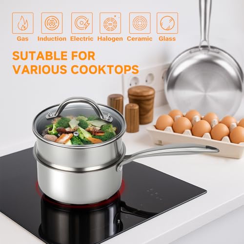 Ohtomber Stainless Steel Sauce Pan - Tri-Ply 1.5 Quarts Steamer for Cooking, Small Cooking Pot with Steamer Basket, Sauce Pan with Lid, Non Stick Saucepan, Induction Steam Pot for Vegetable, Oatmeal - Image 4