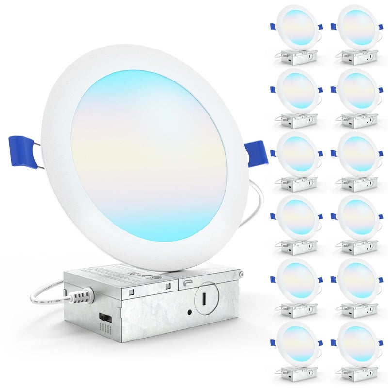 Sunco Lighting Sunco 12 Pack 6 Inch LED Recessed Light, Canless Ceiling Lights Slim with Junction Box, 1200 LM, 14W (100W Equivalent), Selectable CCT 2700K/3000K/4000K/5000K/6000K, Dimmable, Wafer Thin ETL - Image 1