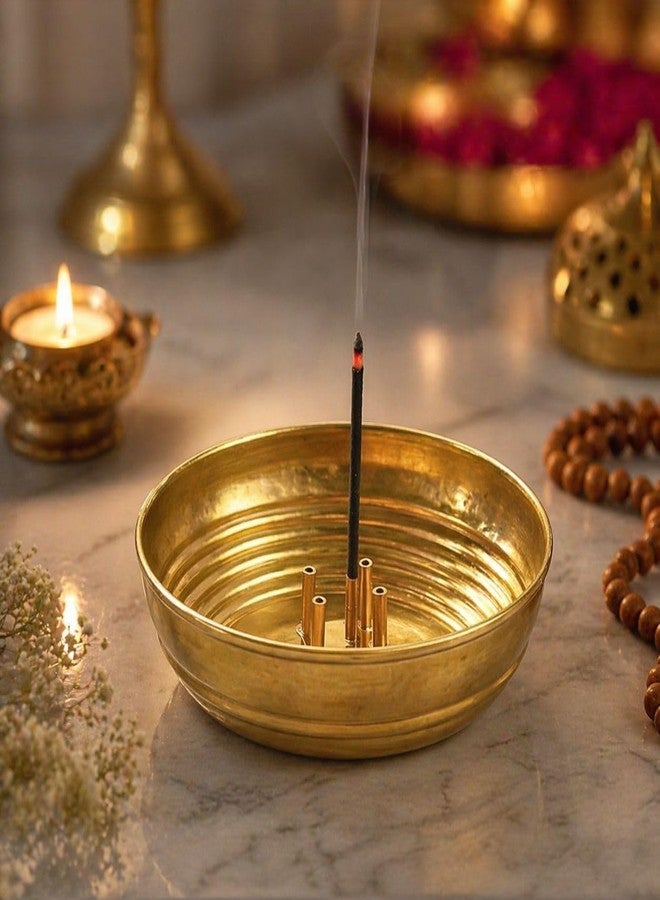 SACCH Pure Brass Agarbatti Stand with 5 Holes | 11.2cm Wide Ash Catcher Tray | Mess-Free Incense Holder for Pooja & Gifting | Small Brass Pooja Accessories (Medium ~50g, Pack of 1) - Image 2