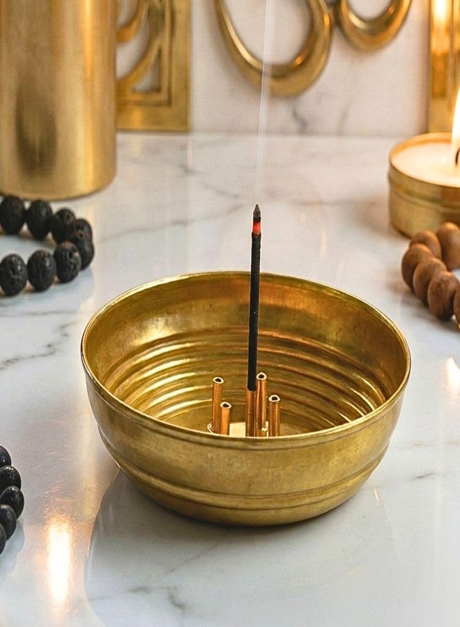 SACCH Pure Brass Agarbatti Stand with 5 Holes | 11.2cm Wide Ash Catcher Tray | Mess-Free Incense Holder for Pooja & Gifting | Small Brass Pooja Accessories (Medium ~50g, Pack of 1) - Image 1