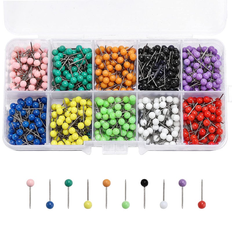 Push Pins Map Tacks 1000Pack Assorted Color Round Head Push Pins with Stainless Point for Travel Map