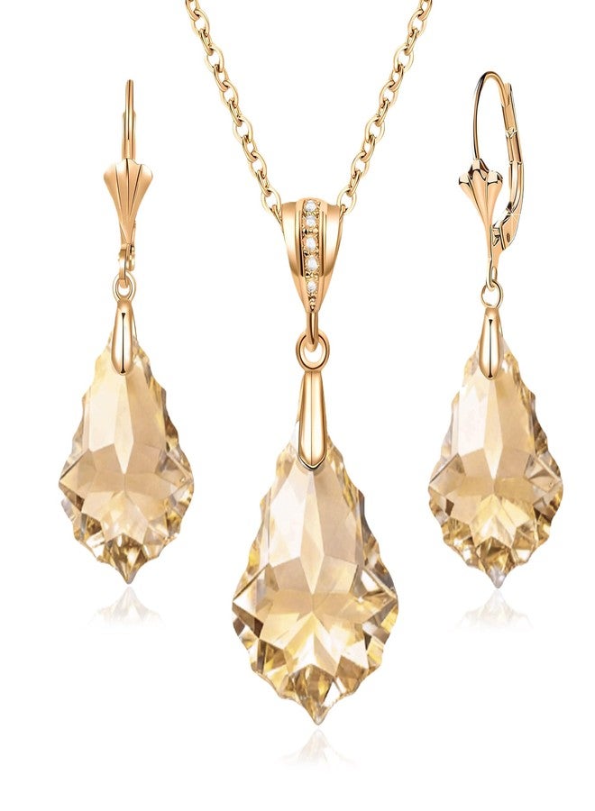 EVEVIC Austrian Crystals Baroque Pendant Necklace Earrings for Women 14K Gold Plated Hypoallergenic Leverback Drop Dangle Earrings Jewelry Set (Light Topaz) - Image 1