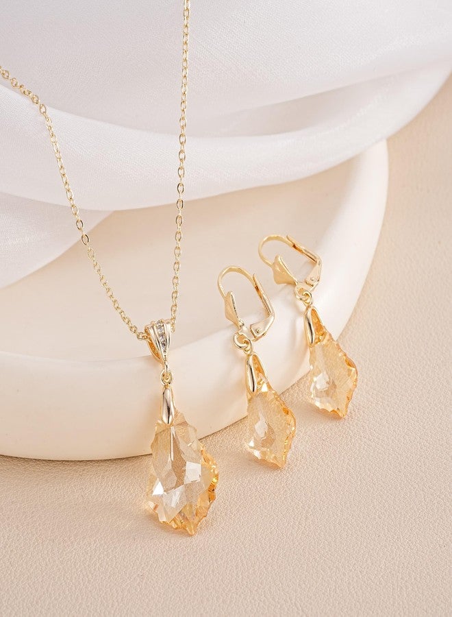 EVEVIC Austrian Crystals Baroque Pendant Necklace Earrings for Women 14K Gold Plated Hypoallergenic Leverback Drop Dangle Earrings Jewelry Set (Light Topaz) - Image 4