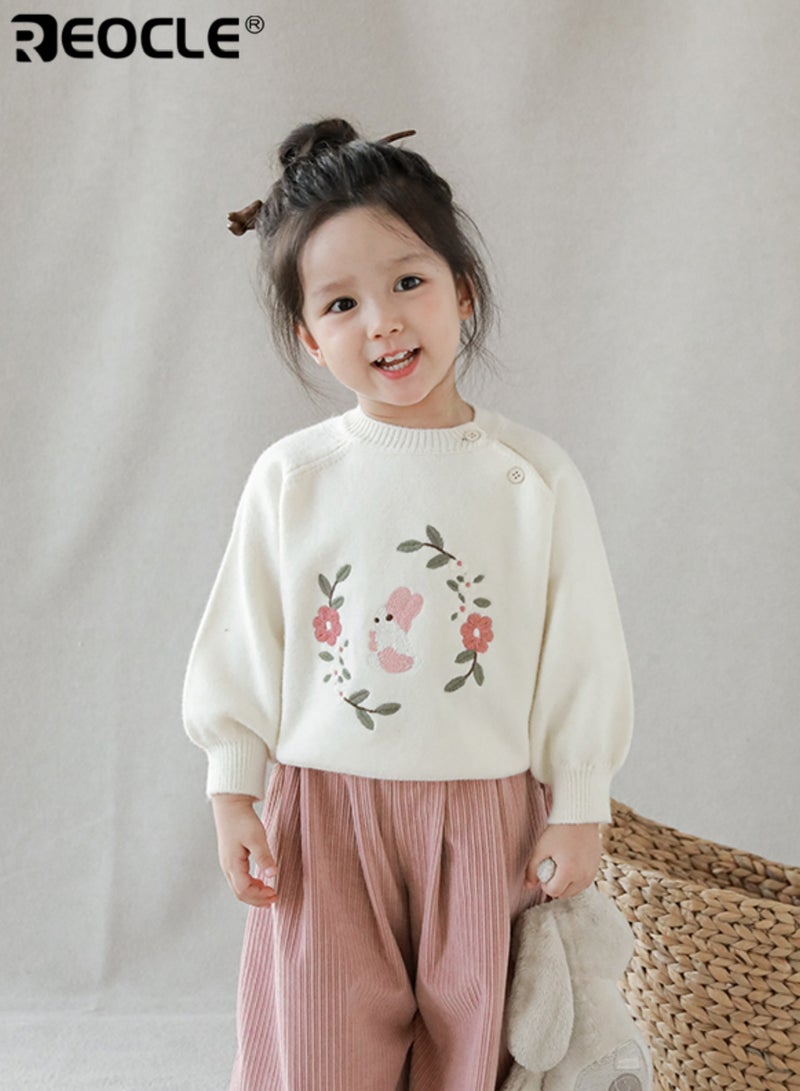 REOCLE Girl's Embroidered Sweater with Floral Design and Soft Knit Construction Fashion Top with Autumn Comfort for Casual Wear - Image 3