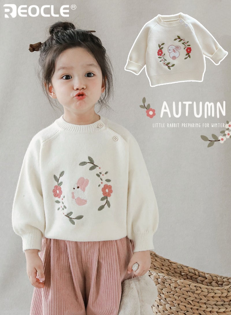 REOCLE Girl's Embroidered Sweater with Floral Design and Soft Knit Construction Fashion Top with Autumn Comfort for Casual Wear - Image 2