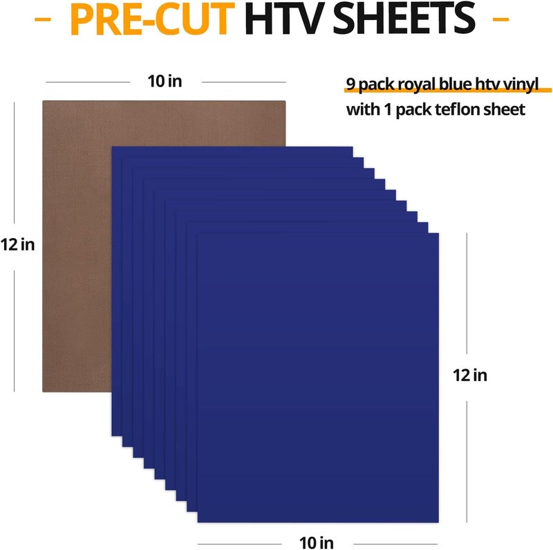 HTVRONT Blue Heat Transfer Vinyl Bundle - 10 Pack 12" x 10" HTV Vinyl for T-Shirt, Royal Blue Iron on Vinyl for All Cutting Machine or Heat Press Machine - Image 2