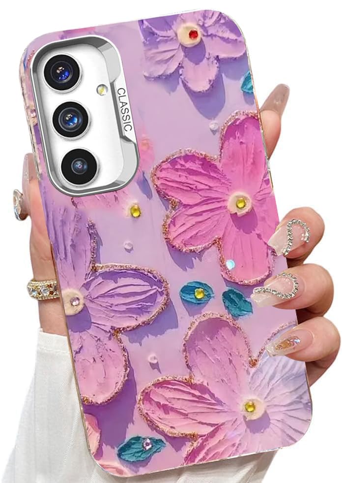 Elzzi حافظة متوافقة مع سامسونج S24 FE 5G بتصميم زهرة ليزر زيتية ملونة جميلة مع حماية كاملة للكاميرا، صدمة PC+TPU غلاف لامع لفتاة وامرأة، وردي وبنفسجي - Image 1