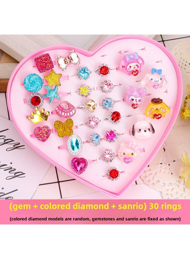 Children's Ring Girl's Diamond Gem Toy Girl's Baby Crystal Ring Princess Pearl Jewelry Jewelry Box-Color:(gem + Colored Diamond + Cartoon) 30 Rings  - Image 1
