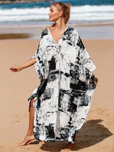 IMAGEKOPE Women's Plus Size Animal Print V-Neck Batwing Kaftan Beach Dress Bathing Suit Cover-Up Loungewear - Image 2