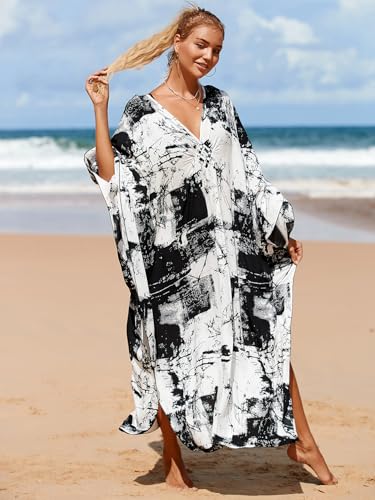 IMAGEKOPE Women's Plus Size Animal Print V-Neck Batwing Kaftan Beach Dress Bathing Suit Cover-Up Loungewear - Image 4