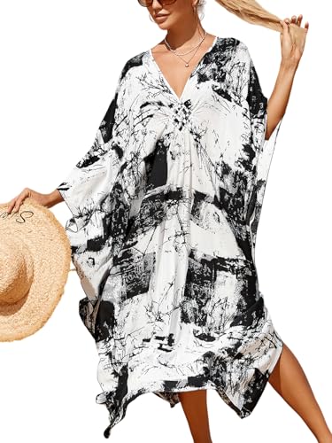 IMAGEKOPE Women's Plus Size Animal Print V-Neck Batwing Kaftan Beach Dress Bathing Suit Cover-Up Loungewear - Image 1