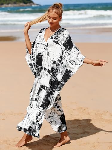 IMAGEKOPE Women's Plus Size Animal Print V-Neck Batwing Kaftan Beach Dress Bathing Suit Cover-Up Loungewear - Image 3