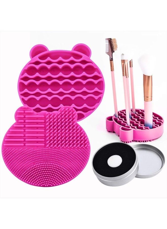 Bird&Fish Silicon Makeup Brush Cleaning Mat with Drying Holder Brush Cleaner Mat Portable Bear Shaped Cosmetic Brush Cleaner Pad+Makeup Brush Dry Cleaned Quick Color Removal Sponge Scrubber Tool (Rose Red)  - Image 1